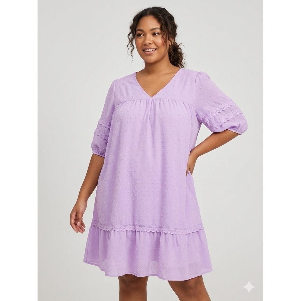 ODDI Lavender Swiss Dot Tiered Babydoll Dress V-Neck Lace Trim Short‎ Sleeve 2XL